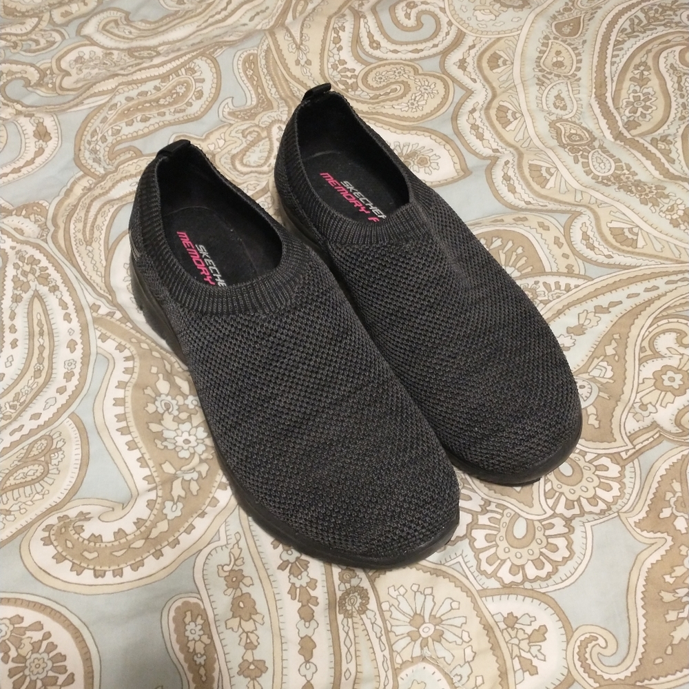 Gray and black sketchers dual-lite slip on shoes